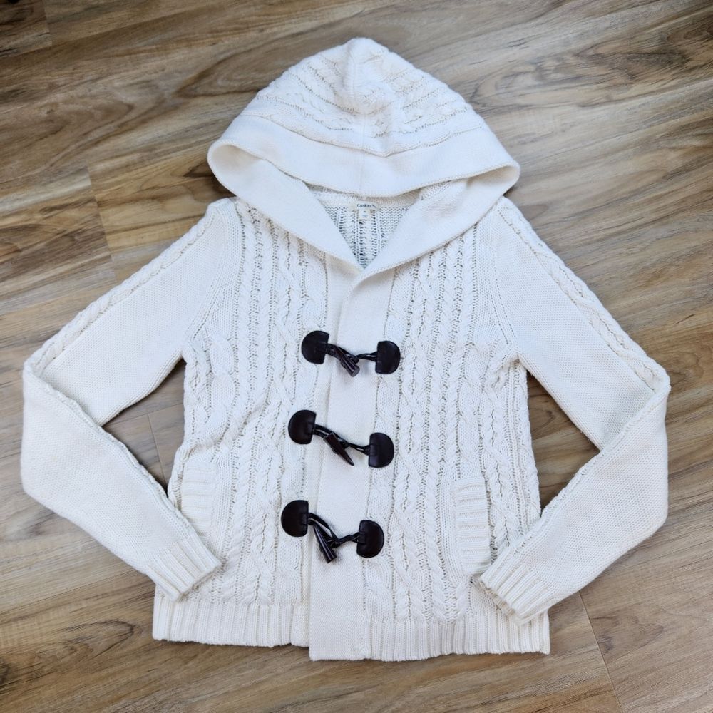 💜Caslon Ivory Cable Knit Button Hooded Long Sleeve Cardigan Medium - Picture 2 of 13